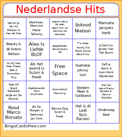 Nederlandse Hits Bingo Card