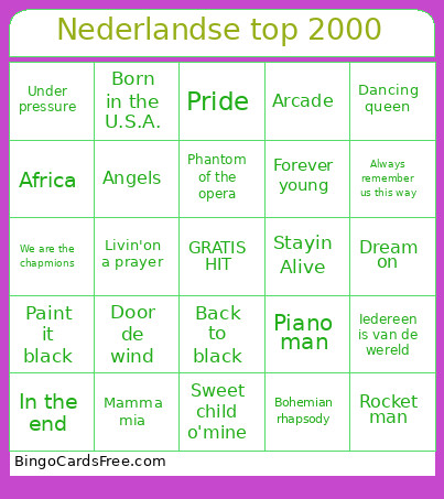 Nederlandse Top 2000 Bingo Card