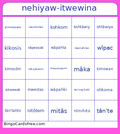 Nehiyaw-itwewina Bingo Card