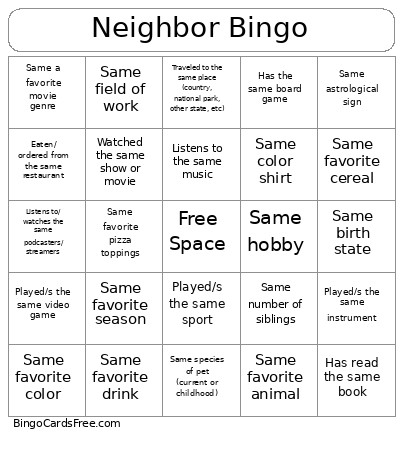 Neighbor Bingo Card