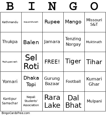 Nepal Bingo Card