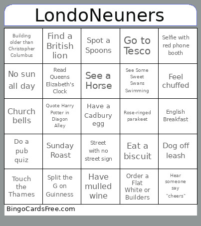 Neuners In London Bingo Card
