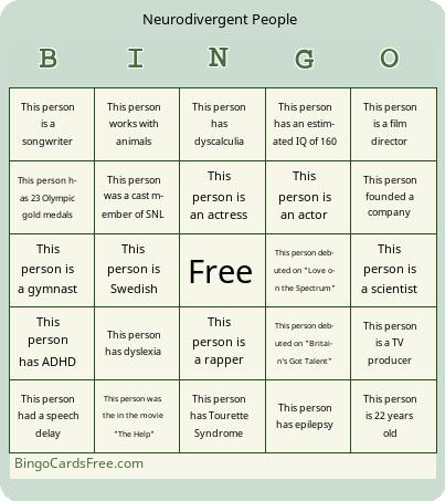 Neurodivergent People Bingo