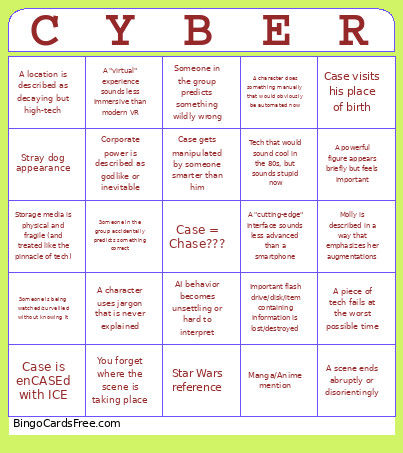 Neuromancer Bingo Card