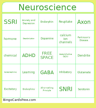 Neurotransmitter Bingo Card