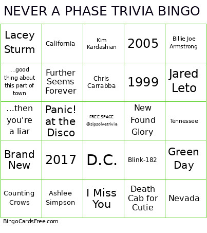NEVER A PHASE TRIVIA Bingo Card