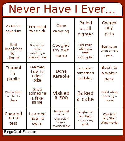 Never Have I Ever… Bingo Card