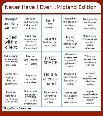 Never Have I Ever…Midland Edition Bingo Card