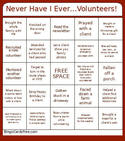 Never Have I Ever…Volunteers! Bingo Card