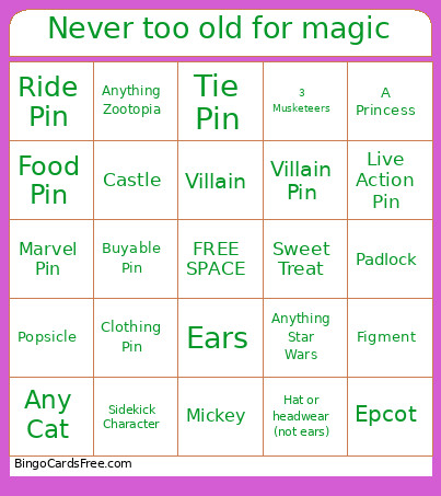 Never Too Old For Magic Bingo Card