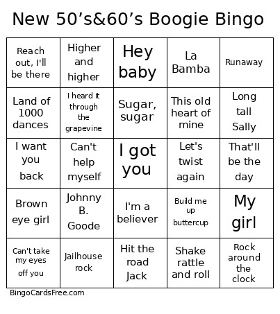 New 50’s&60’s Boogie Bingo Card