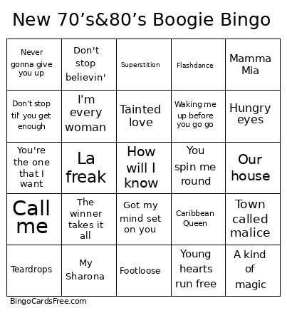 New 70’s&80’s Boogie Bingo Card