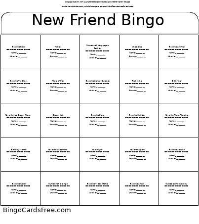 New Friend Bingo Card
