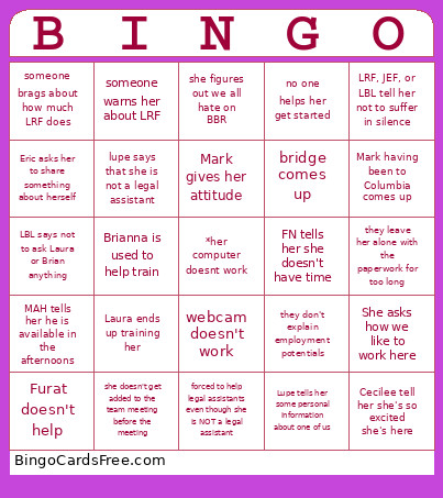 New Girl Bingo Card