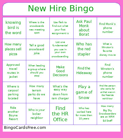 New Hire Bingo Card