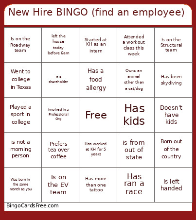 New Hire (find An Employee) Bingo Card