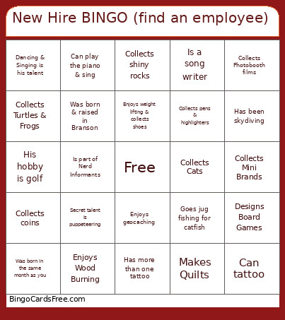 New Hire (find An Employee) Bingo Card
