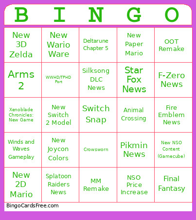 New Nintendo Direct Bingo Card