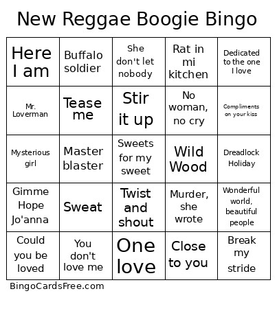 New Reggae Boogie Bingo Card