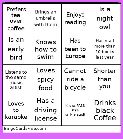 New Staff Bingo Card