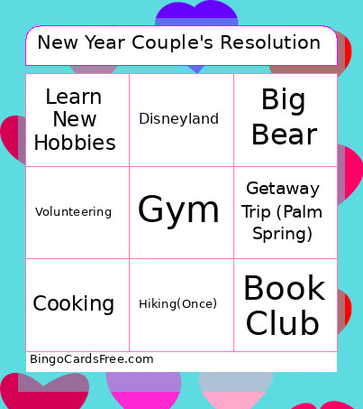 New Year Couple's Resolution Bingo Card