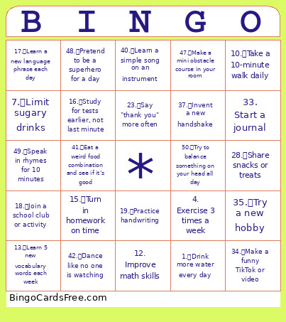 New Year Resolutions Bingo Card