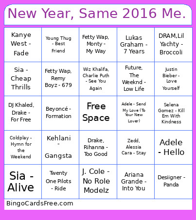 New Year, Same 2016 Me. Bingo Card