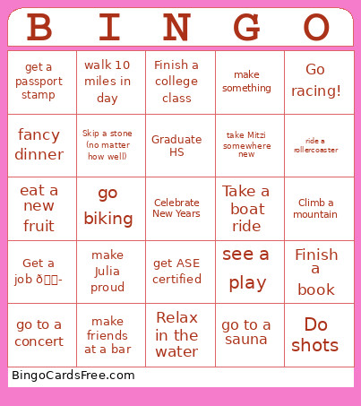 New Years Bingo Card