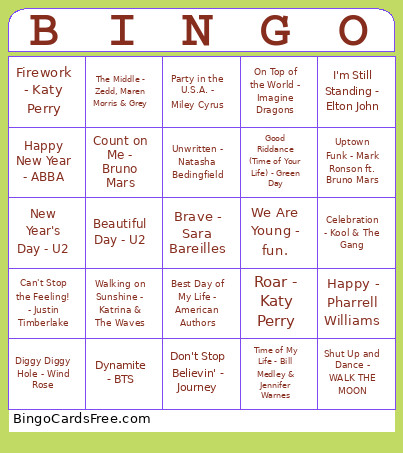 New Years Bingo Card