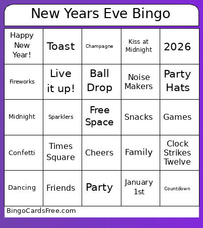 New Years Eve Bingo Card