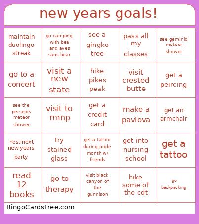 New Years Goals! Bingo Card