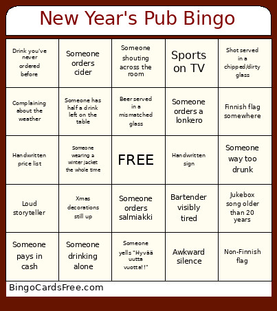 New Year's Pub Bingo Card