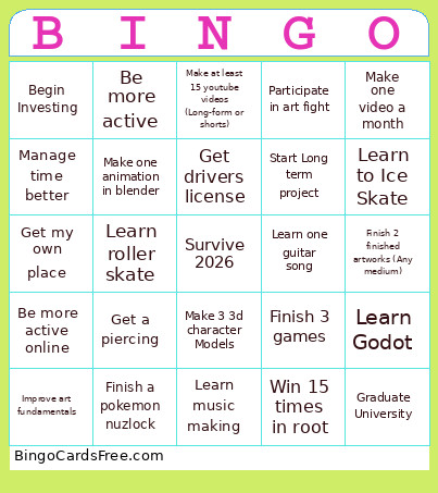 New Years Resolutions Bingo Card