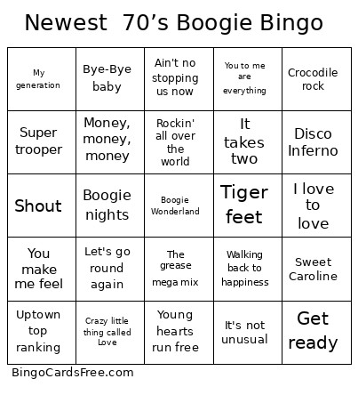 Newest 70’s Boogie Bingo Card
