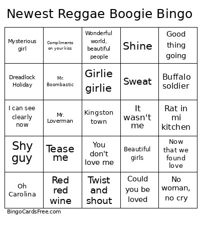 Newest Reggae Boogie Bingo Card