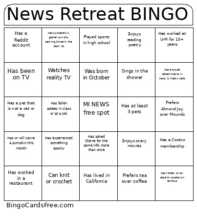 News Retreat Bingo Card