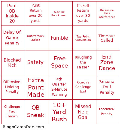 NFL 2 Bingo Card