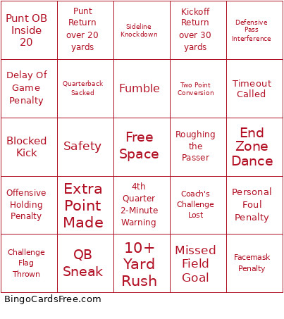 NFL Bingo Card