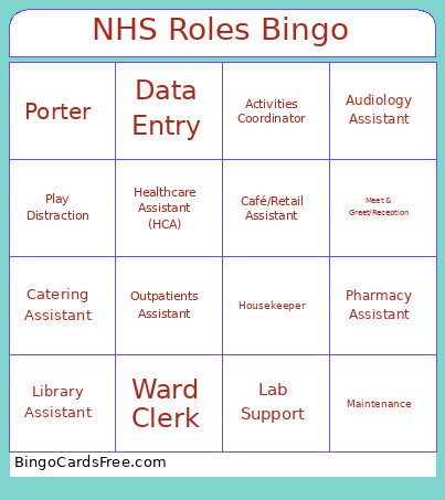 NHS Roles Bingo Card