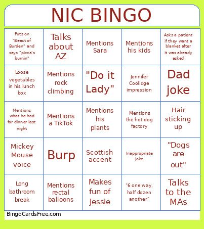 Nic Bingo Card