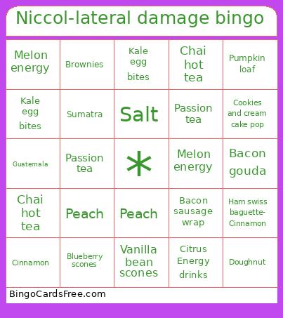 Sb done items Bingo Cards Free Pdf Printable Game, Title: Niccol-lateral damage bingo