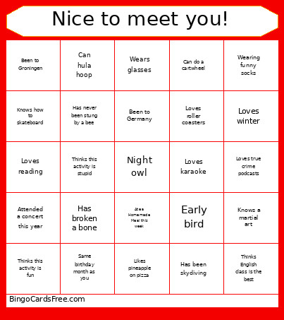 Nice To Meet You! Bingo Card