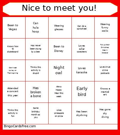 Nice To Meet You Bingo Card