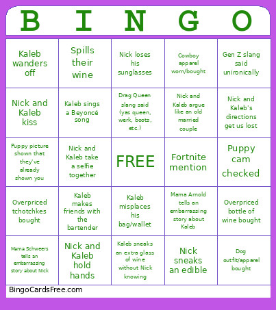 Nick And Kaleb Bingo Card 2