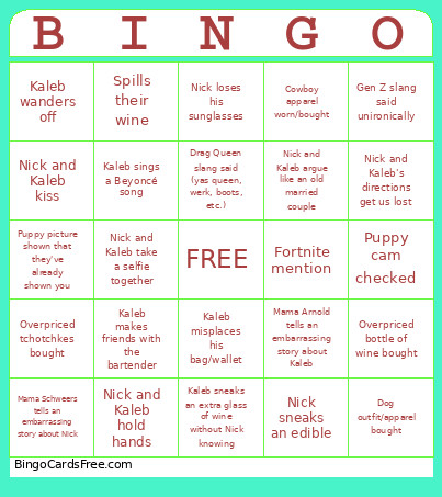 Nick And Kaleb Bingo Card