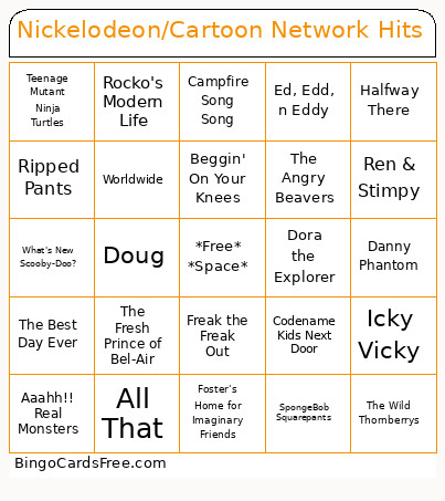 Nickelodeon/Cartoon Network Hits Bingo Card