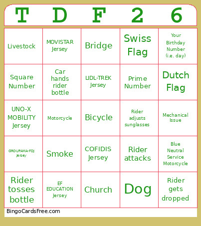 Nick's Annual TDF Watch Party Bingo Card