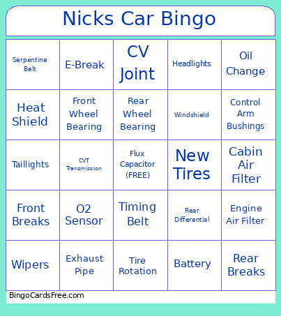 Nicks Car Bingo Card