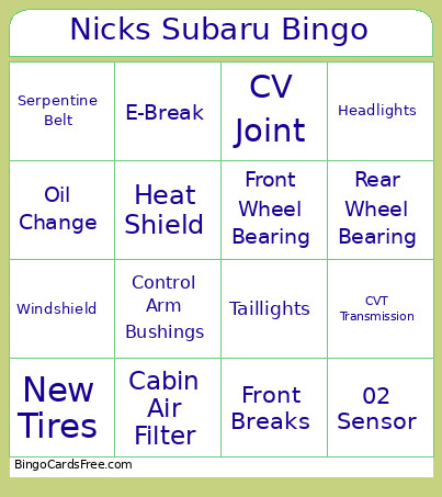 Nicks Subaru Bingo Card