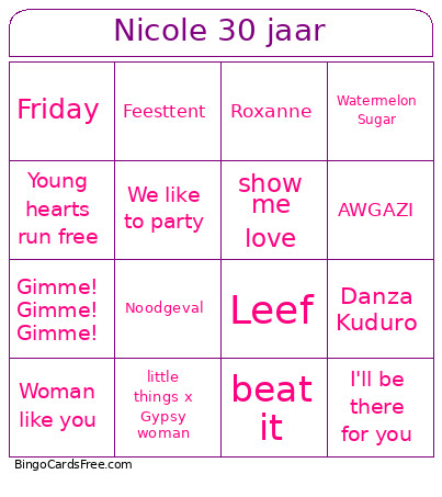 Nicole 30 Jaar Bingo Card